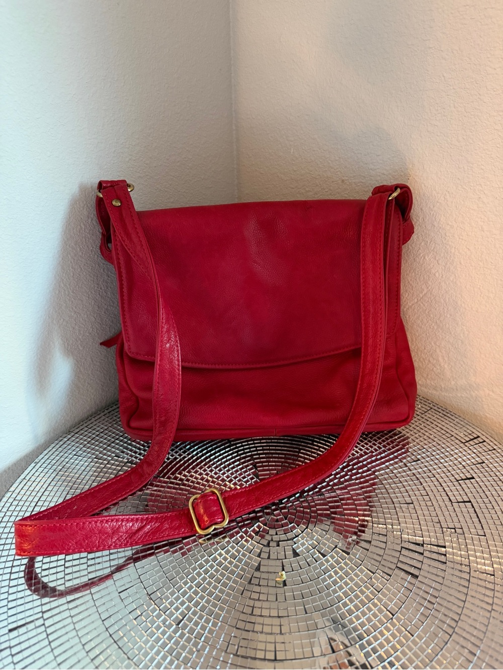 Fine Grain Soft Leather SuedeClassic Red Leather Crossbody with Adjustable Strap